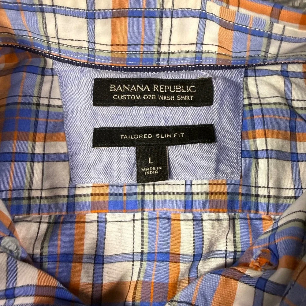 Banana Republic Mens Tailored Slim Fit Plaid Button Down Shirt Blue Orange L